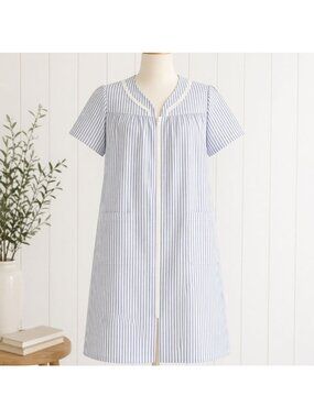 Adonna Seersucker Nightgown Size XS Blue White Striped Cotton Zip Up House Dress